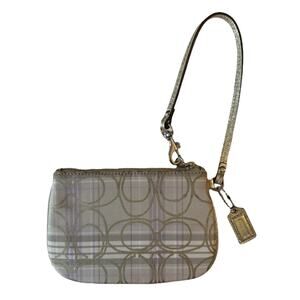 Coach Wristlet Beige Gold Lavender Plaid Small Gold Leather Plus Fob
